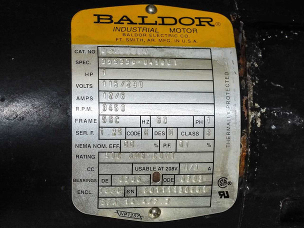 Baldor motor nameplate showing CAT 84Z04400, SPEC 35S338-0496G1, 1HP, 115/230V, 12/6A, 3450 RPM, Frame 56C, 60Hz, Phase 1
