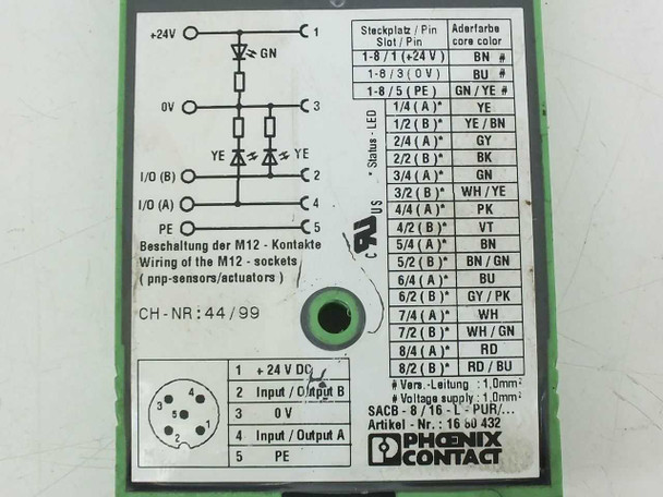 Phoenix Contact SACB-8/16 label side showing M12 contact wiring diagram, pin/color-code chart, CH-NR 44/99, article number 16ol432, and Phoenix Contact logo
