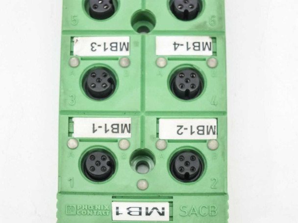 Phoenix Contact SACB connection box — bottom face showing M12 socket ports labeled MB1-1 through MB1-4 and Phoenix Contact SACB marking