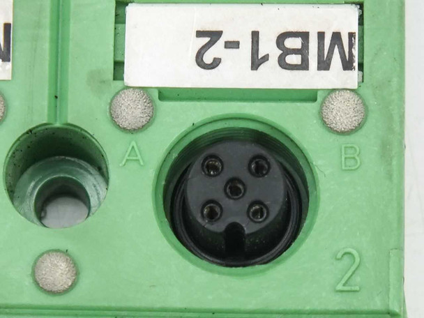 Close-up of M12 socket port (MB1-2) on Phoenix Contact SACB-8/16 showing 5-pin female contact layout with A and B port positions
