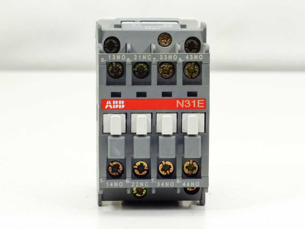 ABB N31E contactor relay — direct front view showing ABB red logo bar, model designation, and all four contact terminal screws