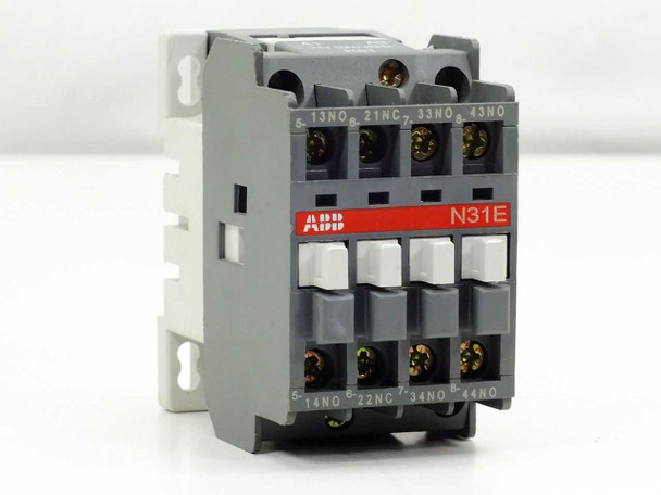 ABB N31E 4-pole contactor relay — front-left 3/4 view showing DIN rail mount and terminal labels 13NO, 21NC, 33NO, 43NO on top row and 14NO, 22NC, 34NO, 44NO on bottom row
