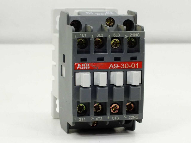 ABB A9-30-01 contactor relay front view showing 4-pole terminal layout with labels 1L1, 3L2, 5L3, 21NC on top and 2T1, 4T2, 6T3, 22NC on bottom, red ABB label, white actuator buttons