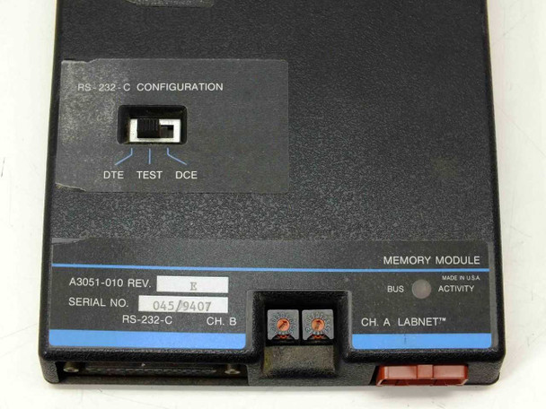 Spectra Physics A3051-010 top panel showing RS-232-C Configuration DTE/TEST/DCE switch, Memory Module label, Bus and Activity indicators, and Ch. A LabNet connector