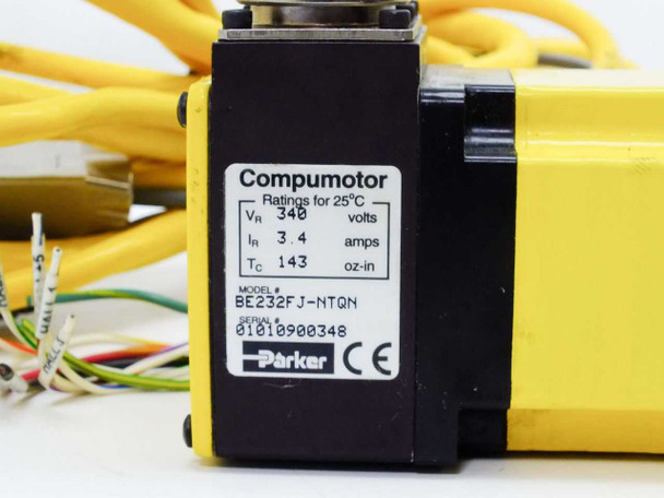 Parker Compumotor BE232FJ-NTQN motor label showing 340V, 3.4A, 143 oz-in ratings and serial number – close-up of Compumotor rating plate