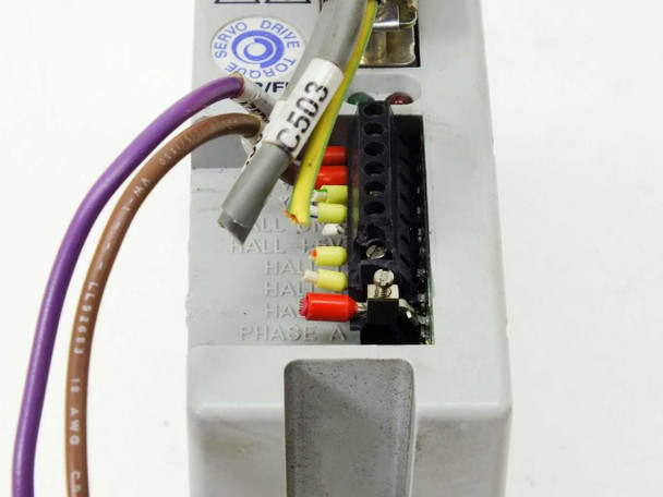 Parker OEM series servo drive internal terminal block showing Hall sensor and Phase A connections with jumpers and wiring