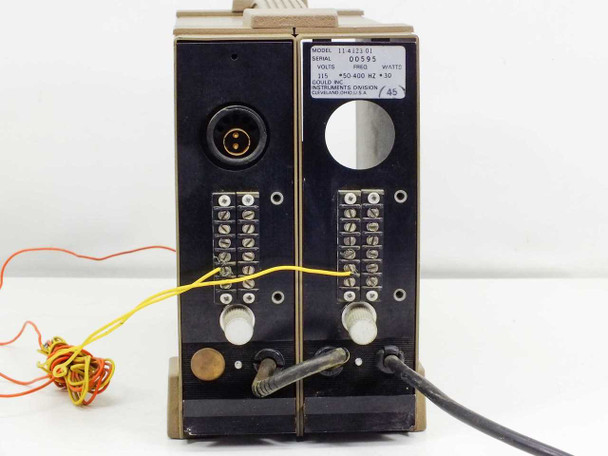 Gould 11-4123-01 DC Amplifier — rear panel view showing both terminal blocks, circular connector, rating plate, and attached lead wires