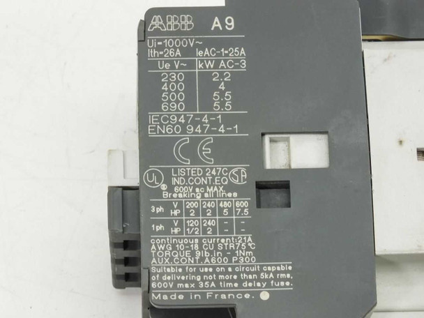 ABB A9 contactor — side rating plate showing Ui 1000V, Ith 26A, IeAC-1 25A, kW ratings, IEC and UL specs