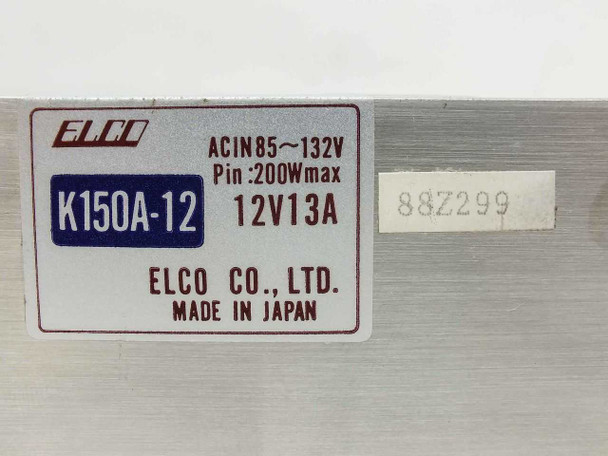 ELCO K150A-12 rating label — AC IN 85–132V, 12V 13A, Pin 200W max, ELCO Co. Ltd., Made in Japan