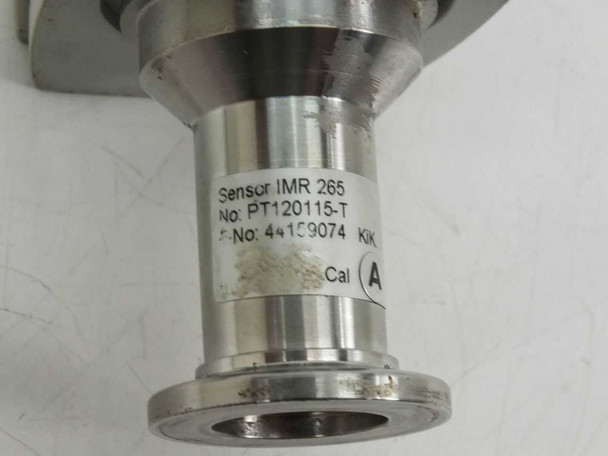 Pfeiffer IMR 265 sensor label close-up showing part number PT120115-T, serial number 44159074, and Cal A marking on stainless steel KF flange stem
