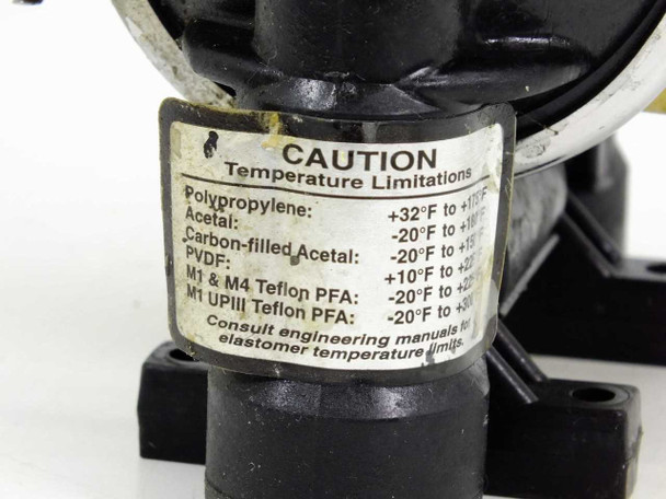 Wilden 00-5411-16 pump caution label showing temperature limitations by material: Polypropylene, Acetal, PVDF, and Teflon PFA grades
