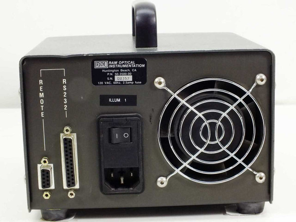 ROI 150-DLC Illuminator rear face-on view showing RS-232 DB-25, DB-9 remote port, IEC inlet, ILLUM 1 power switch, and cooling fan