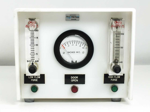 Ray Products RPC-DPC Dual Purge Control System front view showing Door Open indicator light, Low Flow Purge and High Flow Purge pushbutton controls