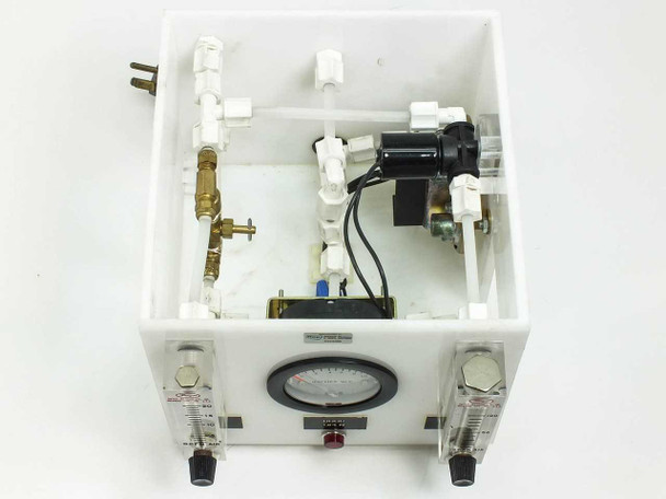 Ray Products RPC-DPC interior view showing internal solenoid valve, transformer, brass fittings, PVC tubing manifold, and rotameter assemblies