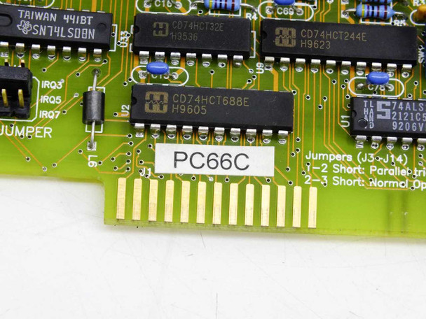 Keithley PC66C close-up of model label and main ICs including CD74HCT688E, CD74HCT32E, and CD74HCT244E with jumper labels visible