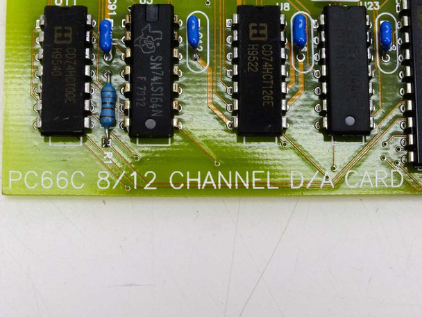Keithley PC66C close-up of PCB silkscreen label reading 'PC66C 8/12 CHANNEL D/A CARD' with CD74HCI002E, SN74LS164N, and CD74HCI126E ICs visible