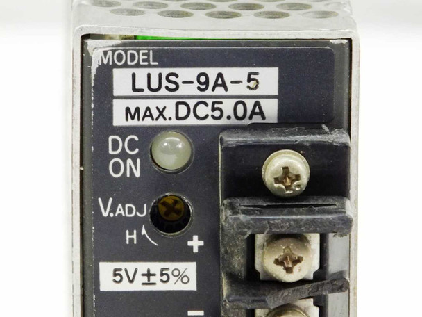 Lambda LUS-9A-5 power supply – close-up of front panel label showing model, MAX DC 5.0A, V.ADJ trimmer, and 5V±5% marking