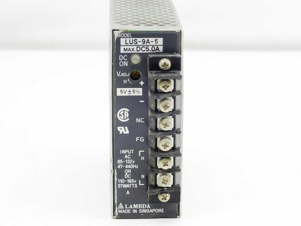 Lambda LUS-9A-5 power supply – front panel view showing full terminal block, NC/FG terminals, input spec label, and UL/CSA marks