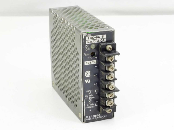 Lambda LUS-9A-5 DC power supply – left front angle showing label, output terminals, and DC ON indicator