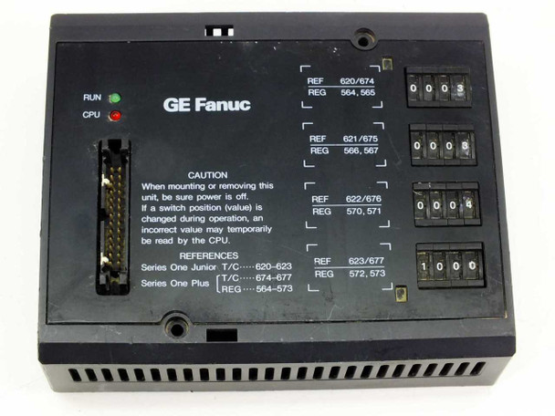 GE Fanuc IC609TCU100B front panel view with RUN LED lit green, showing rotary switch settings and caution/reference label for Series One Junior and Series One Plus