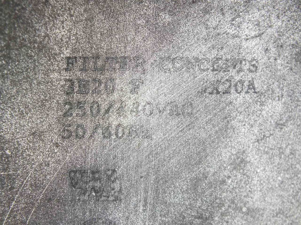 Filter Concepts 3E20-F rating label closeup showing model 3E20-F, 3X20A, 250/440VAC, 50/60Hz, and UL/CSA marks