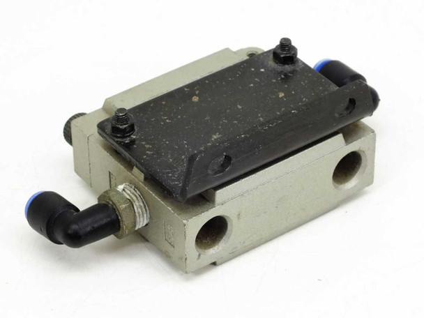 SMC NZFA200-T02 Suction Filter top and rear view showing mounting bracket, push-in elbow fittings, and bottom port openings