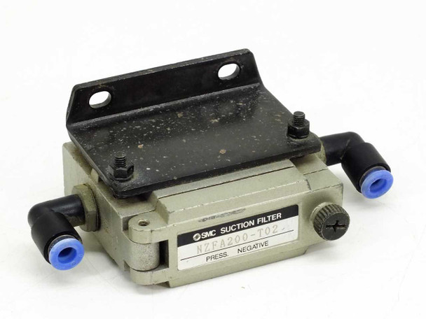 SMC NZFA200-T02 Suction Filter front label view showing model number and PRESS. NEGATIVE marking with push-in fittings and mounting bracket