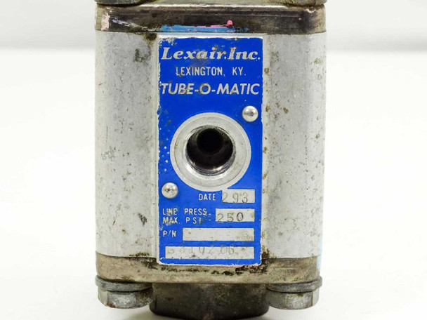 Lexair TUBE-O-MATIC pinch valve C310206 – close-up of blue label plate showing date code 2/3, Line Press. Max PSI 250, and part number