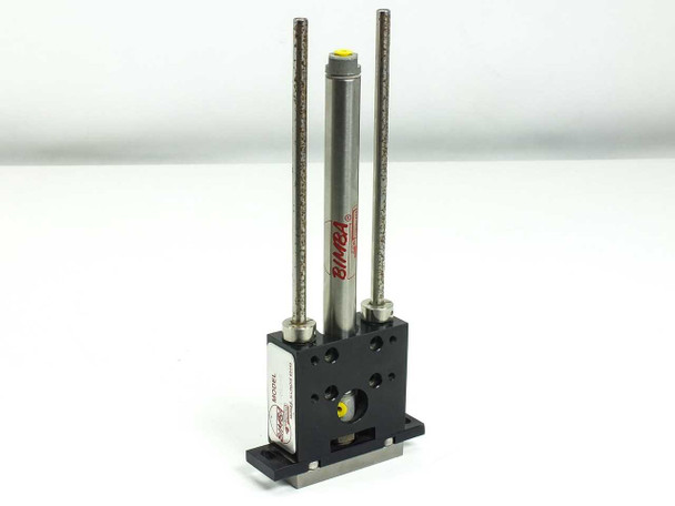 Bimba T-025-S stainless steel guided thruster air cylinder – 3/4 front view showing cylinder body and dual guide rods