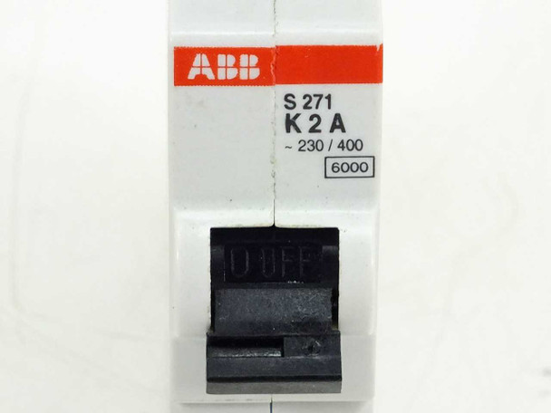 ABB S271 K2A circuit breaker — close-up of front label showing S271, K2A, 230/400V, and 6000A interrupt rating