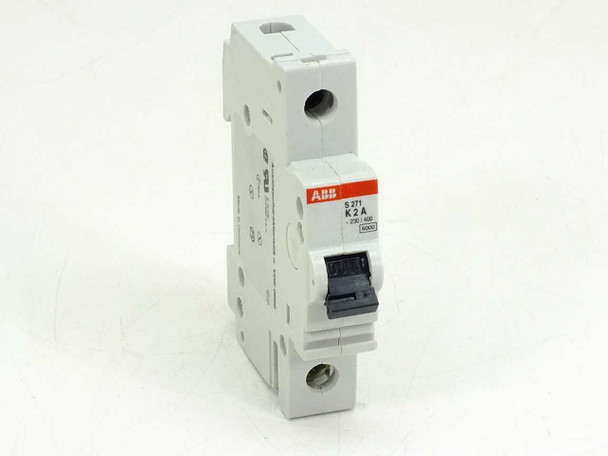 ABB S271 K2A 1-pole DIN rail circuit breaker — front panel view showing model label, K2A rating, and toggle switch in OFF position