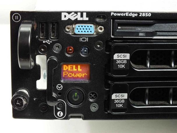 Dell PowerEdge 2850 front panel close-up showing LCD status display reading DELL Power, power button, VGA port, USB ports, and two 36GB SCSI 10K drive bays