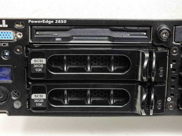 Dell PowerEdge 2850 front right section showing 1.44MB floppy drive and two hot-swap trays labeled SCSI 36GB 10K