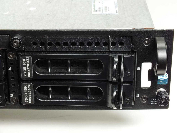 Dell PowerEdge 2850 right drive bay section showing two 73GB 10K Ultra 320 SCSI drives in hot-swap trays with Intel Xeon sticker
