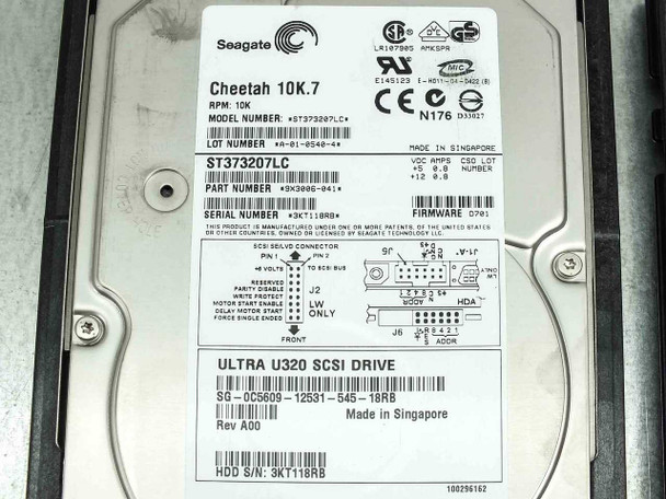 Seagate Cheetah 10K.7 ST373207LC Ultra U320 SCSI drive label — 73GB, 10K RPM, Made in Singapore, Rev A00