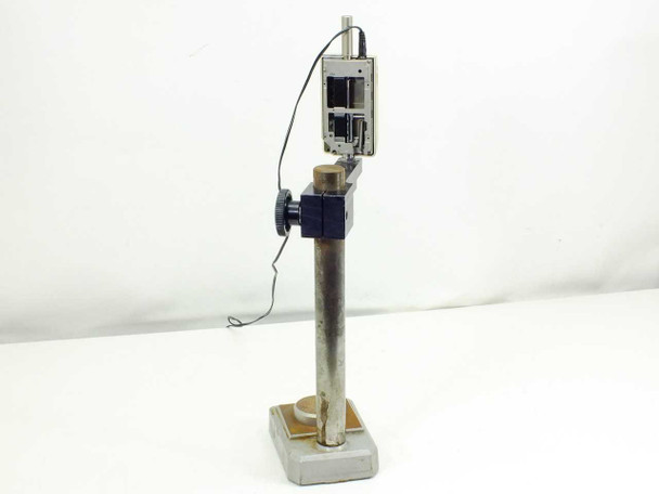 Mitutoyo IDF-112 Digimatic Indicator on Fowler stand – side/rear view showing indicator mounting clamp and adjustment knob