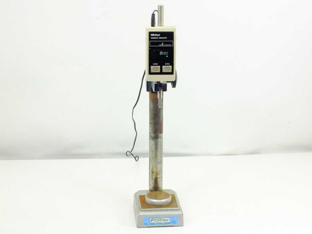 Mitutoyo IDF-112 Digimatic Indicator mounted on Fowler 52-580-015 Dial Gage Stand – full front view with power cable attached