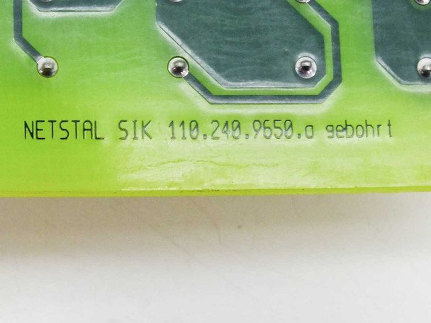 Close-up of PCB silkscreen label reading NETSTAL SIK 110.240.9650.a gebohrt