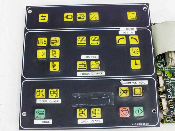 Netstal KOL control panel front face showing yellow membrane buttons with function icons and labels including ROBOT OUT/IN, BARREL, ALARM ACK, PURGE, OPEN/CLOSE