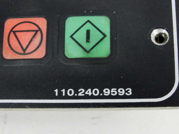 Netstal control panel lower section close-up showing part number 110.240.9593, red stop button and green start button