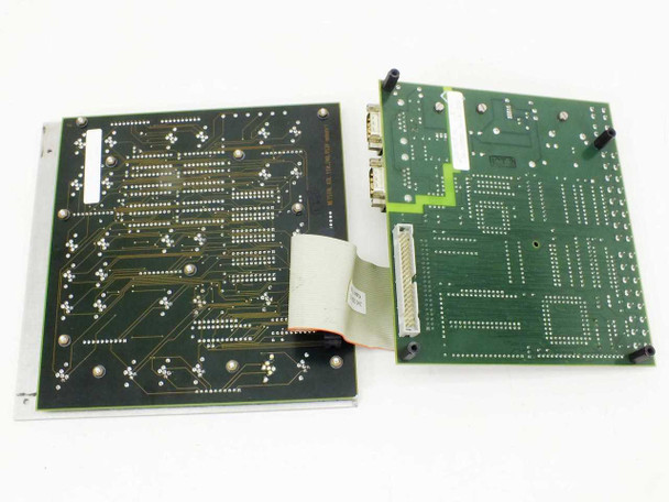 Netstal KOL control panel PCB and CAN interface board rear/back view showing solder side, ribbon cable interconnect, and DB-style connector ports