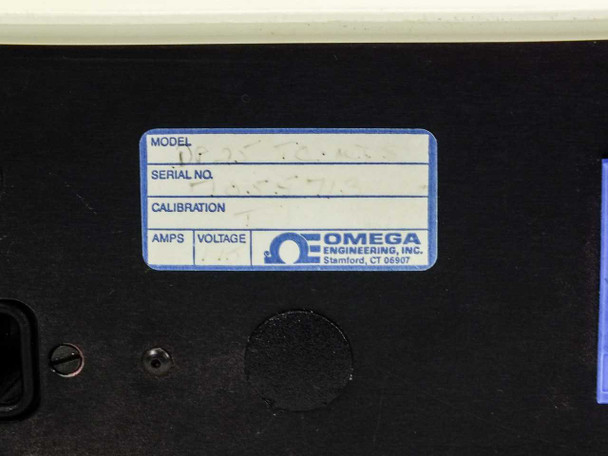 Omega Engineering label on bottom of DP25-TC showing Model, Serial No., Calibration, and Omega Engineering Stamford CT information