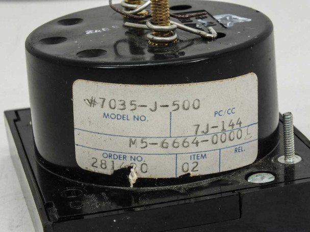 Omega 7035-J-500 panel meter — close-up of rear label showing model number 7035-J-500, PC/CC 7J-144, and part number M5-6664-0000