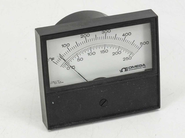 Omega 7035-J-500 Type J thermocouple panel meter — front view showing dual °F/°C analog scale with parallax mirror and needle near zero