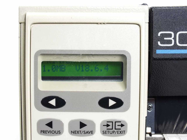 Brady 300X-Plus front panel LCD display showing 1.0MB RAM and firmware version V18.6.4 with navigation buttons
