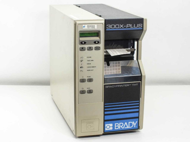 Brady BradyPrinter THT 300X-Plus thermal transfer label printer – front left three-quarter view showing control panel and print output