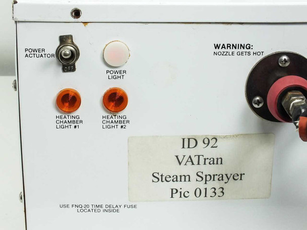 Va-Tran MPS-II front panel detail showing Power Actuator toggle, Power Light, two Heating Chamber indicator lights, and steam nozzle mount with warning label