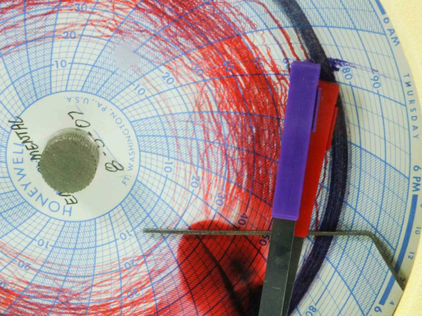 Close-up of Honeywell circular chart disc showing two-pen recording traces and chart center hub detail