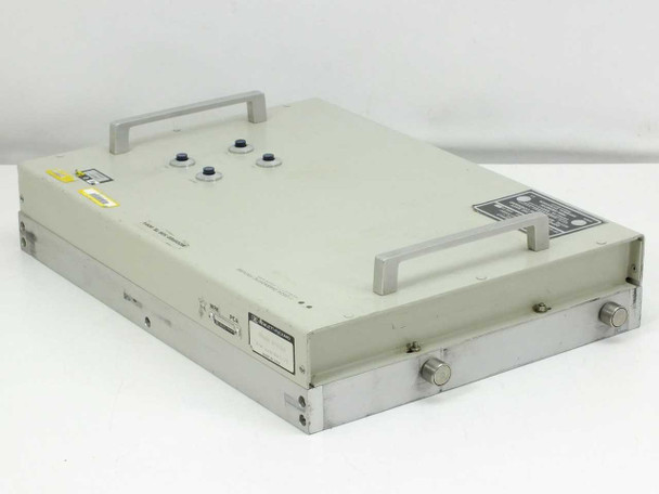 HP 11353A Diagnostic Fixture angled view showing aluminum housing, data plate, carry handle, and two front connectors