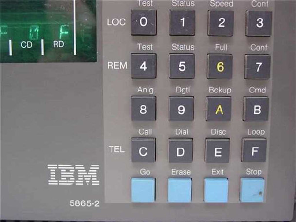 Close-up of IBM 5865-2 front keypad showing LOC, REM, TEL rows with function keys including Test, Status, Speed, Conf, Anlg, Dgtl, Bckup, Cmd, Call, Dial, Disc, Loop